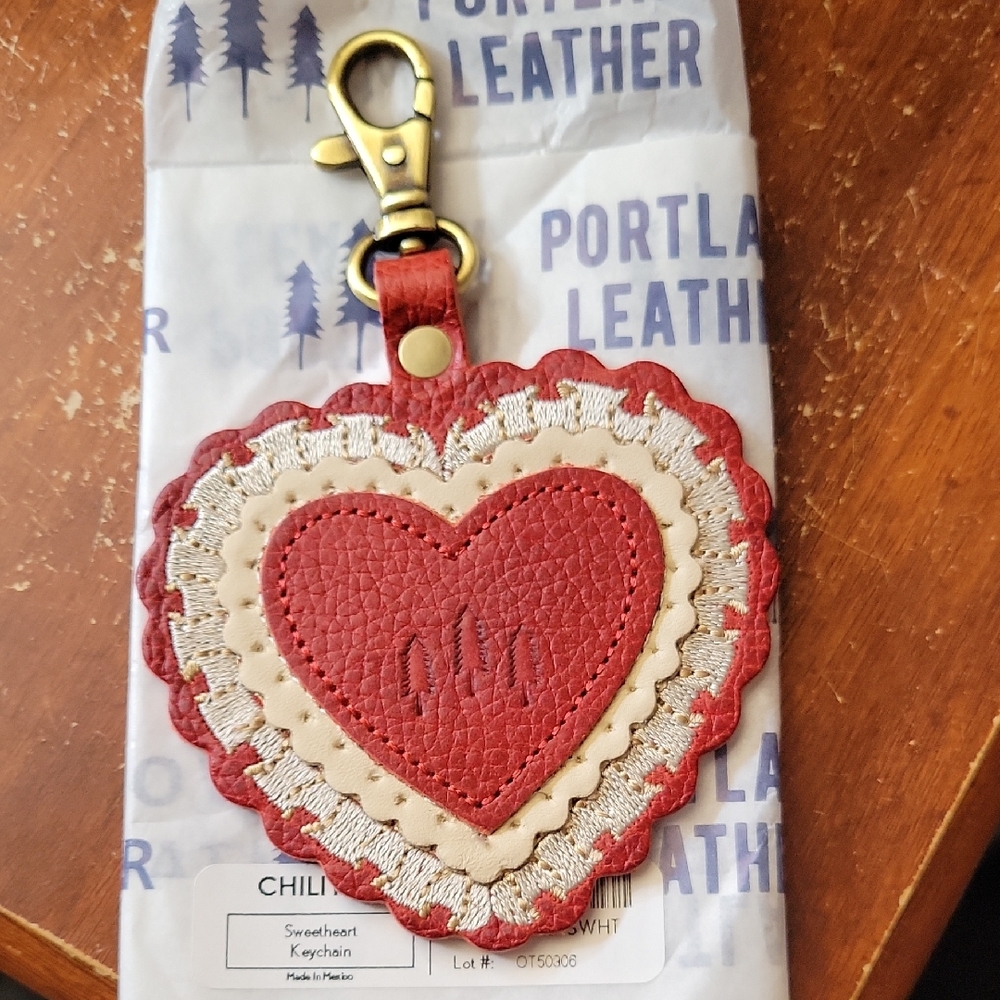 Portland Leather Red and Cream Heart Keychain